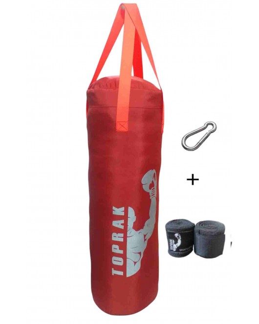 Boks Torbası Eldiven, Karabina ev Bandaj Hediyeli İçi Dolu 60x22cm Kırmızı