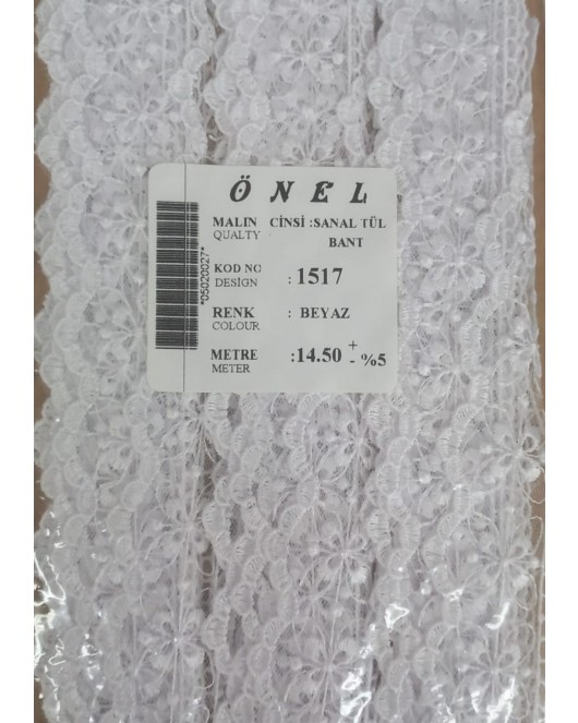 Dantel Polyester Sanal Tül Bant Beyaz 14,50 Metre En 6 cm ON-1517-B