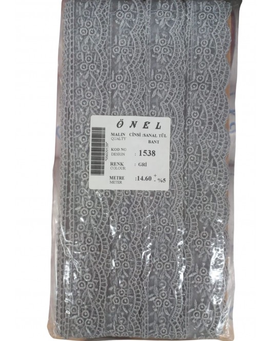 Dantel Polyester Sanal Tül Bant Gri 14,60 Metre En 3 cm ON-1538-G