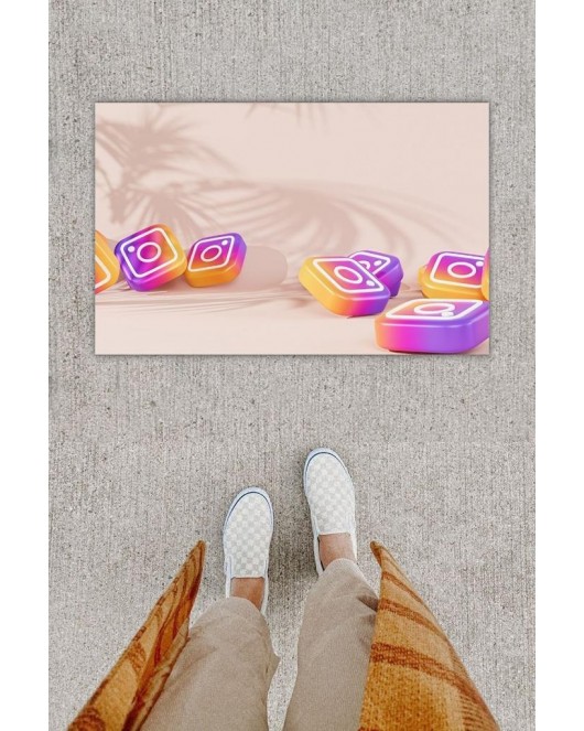 Dijital Baskı Dekoratif Instagram Pembe Kapı Önü Paspası K-1269