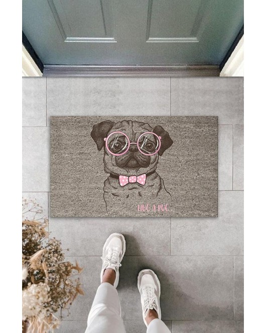 Dijital Baskı Gri Hug A Pug Yazılı Pembe Fiyonklu Gözlüklü Köpek Dekoratif Kapı Paspası K-2019