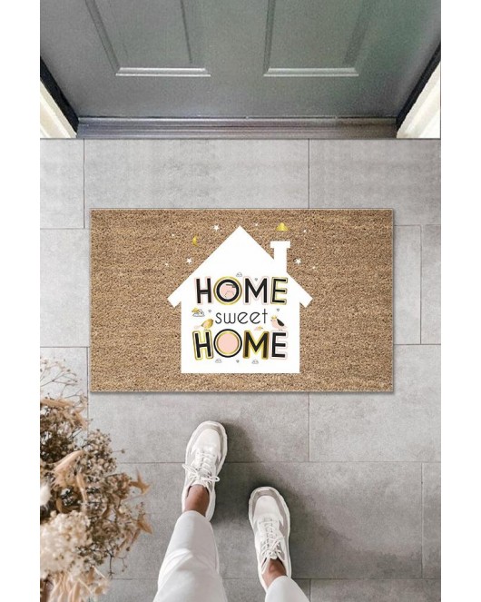 Dijital Baskı Kahverengi Home Sweet Home Yazılı Beyaz Ev Dekoratif Kapı Paspası K-2006